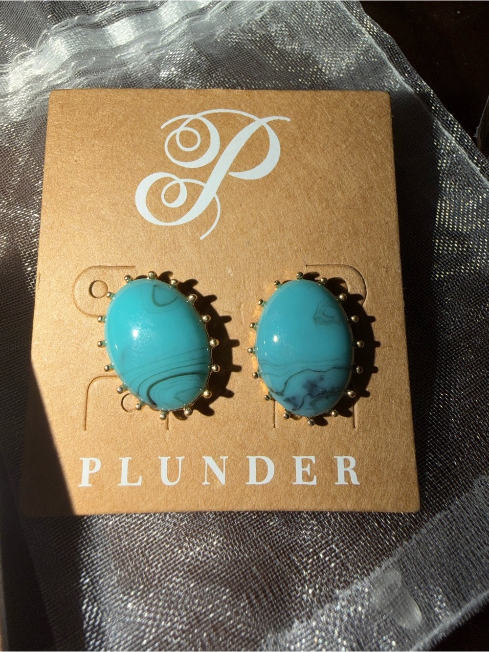 Plunder Turquoise Teal Marbled Oval Stud Earrings in Gold - Picture 3 of 4